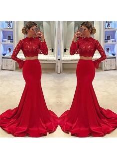 $169 High Neck Long Sleeve Two Piece Prom Dresses 2018 Mermaid Lace Cheap Formal Evening Gown