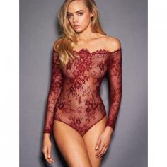 Sheer Eyelash Lace Long-sleeved Teddy Bodysuit Red/Black