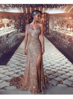 Luxus Abendkleid Gold Lang Pailletten Abiballkleider Abendmoden Online