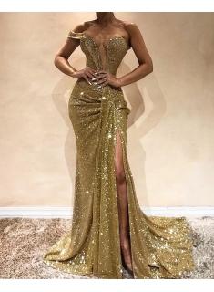 Modern Abendkleider Lang Günstig | Pailletten Abendkleid Gold