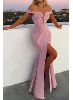 Fashion Pink Off-The-Shoulder Mermaid Floor-Length Prom Dresses | Front Split Sleeveless 2019 Evening Gown