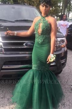 Dark Green Halter Appliques Mermaid Evening Gowns | Elegant Keyhole Sleeveless Tulle Prom Dresses | www.babyonlinewholesale.com