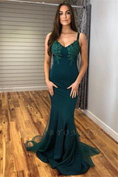 Glamorous Straps Appliques V-Neck Sexy Mermaid Prom Dresses | Yesbabyonline.com