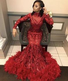 Burgundy Sexy Mermaid Sequins Long Sleeves High Neck Prom Dresses | Yesbabyonline.com