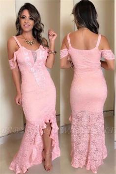 Mermaid Pink Lace Appliques Off-The-Shoulder Hi-Lo Prom Dresses | www.babyonlinewholesale.com