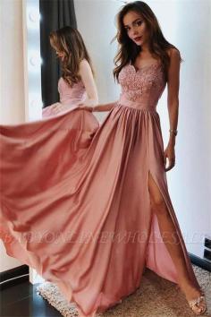 A-Line Appliques Spaghetti-Straps Sleeveless Side-Slit Prom Dresses | www.babyonlinewholesale.com