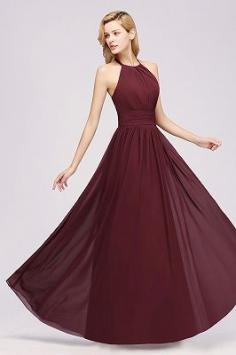 A-line Chiffon Appliques Halter Sleeveless Floor-Length Bridesmaid Dresses with Ruffles | www.babyonlinewholesale.com