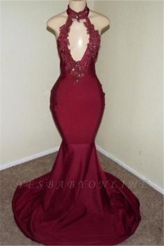 Burgundy Halter Appliques Backless Sexy Mermaid Prom Dresses | Yesbabyonline.com