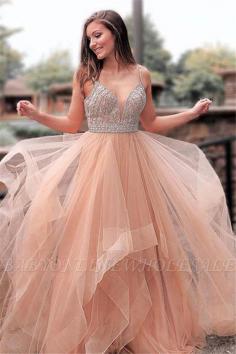 A-Line Elegant Appliques Spaghetti-Straps Tulle Prom Dresses | www.babyonlinewholesale.com