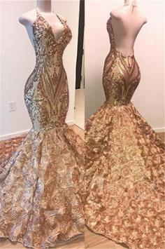 Glamorous Gold Sequins Sleeveless Prom Dress | Shiny Mermaid Evening Gowns With Flowers Bottom | Yesbabyonline.com