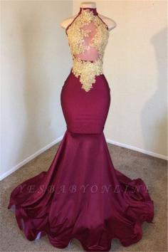 Burgundy High-Neck Applique Sleevless Sexy Mermaid Prom Dresses | Yesbabyonline.com