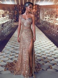 Gorgeous Mermaid Sequins Prom Gowns | One Shoulder Evening Dress With Slit | Yesbabyonline.com