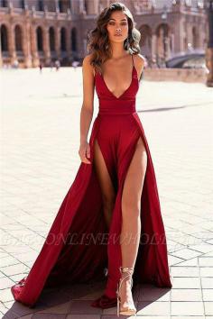 A-Line Sexy Burgundy Spaghetti-Straps Side-Slit Prom Dresses | www.babyonlinewholesale.com