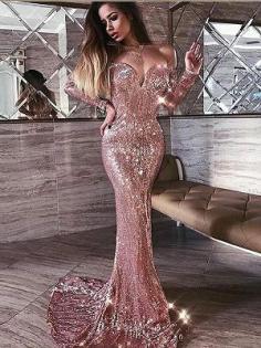 Mermaid Pink Shiny Sequined Strapless Off-the-Shoulder Long Sleeves Prom Dress | Yesbabyonline.com