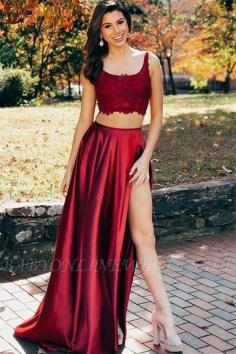 A-Line Burgundy Straps Side-Slit Sleeveless Two-Piece Prom Dresses | www.babyonlinewholesale.com