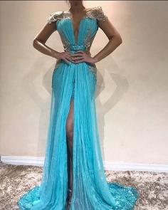 Sexy Mermaid Blue Evening Dresses | Slit Capped Sleeves Sequins Pageant Dresses | Yesbabyonline.com