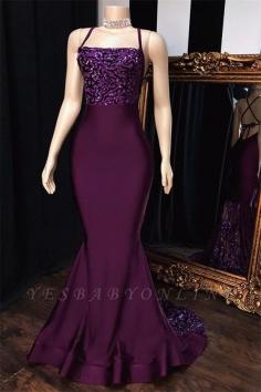 Purple Spaghetti-Straps Appliques Sexy Mermaid Prom Dresses | Yesbabyonline.com