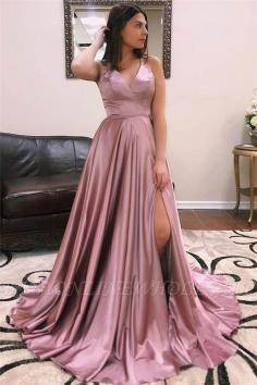 A-Line Glamorous Spaghetti-Straps V-Neck Side-Slit Prom Dresses | www.babyonlinewholesale.com