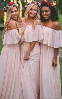 Baby Pink Off The Shoulder Bridesmaid Dresses Cheap | Chiffon Sexy Bridesmaid Dress | www.babyonlinewholesale.com