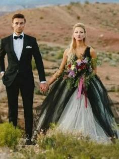 Brautkleid Schwarz | Prinzessin Hochzeitskleider mit Spitze