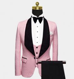 Gorgeous Pink Jacquard Prom Suits | Three Pieces Men Suits with Black Lapel
