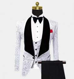 White Damask Prints Tuxedo | Classic Three Pieces Dinner Men Suits
