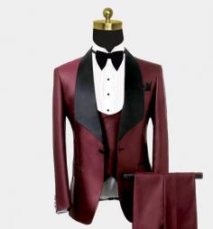 Fashion Burgundy Three Pieces Men Suits | Black Shawl Lapel Tuxedo Online
