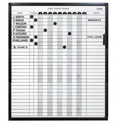 VC Magnetic Staff Status Board
Ideal for every busy workplace or staff roster system. Available in 3 different sizes.

Supplied with:
Magnetic marker buttons
Black adhesive letters/numbers
Bonus black marker
White magnetic name blocks
Dry Wipe Surface
Magnetic Receptive