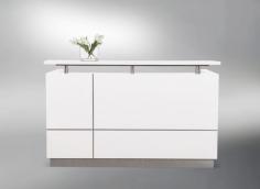 GP Hugo White Reception Counter High Gross White Finish

Product Features
Clean modern lines with style and functionality. Quality materials and fittings.

Counter Body – Gloss Jade white 2 Pack finish with aluminium trim lines and stainless steel kick plate
Desk Top – Matt white melamine desktop
Hob Top – Jade White stone hob supported on chrome pillars
Optional Storage mobile pedestal sold separately
Assembly is required.
