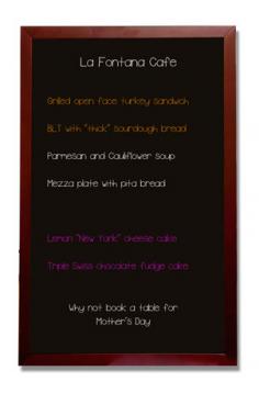 VC Timber Framed Wall Mounted Blackboard

Features
Supplied with 6 black magnets
FREE pack of 4 Fluoro markers
Magnetic Receptive
Dry Wipe Surface
‘Mahogany’ style timber frame
Dimension: Overall – 900 x 595mm; Writing area – 835 x 530mm; Timber Frame – 35 x 14mm