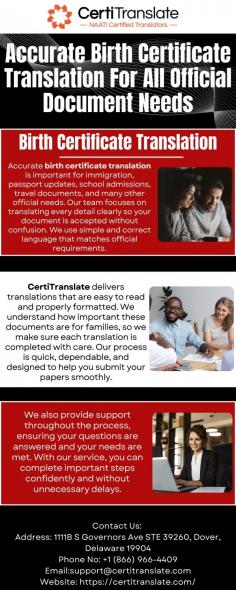 Reliable birth certificate translation helps with visas, school admissions, immigration, and legal updates. CertiTranslate delivers clear and correctly formatted translations accepted by official departments. Our team focuses on simple wording, accuracy, and fast delivery, making the entire process easy so you can submit your important documents with confidence.
Visit: https://certitranslate.com/naati-translators/documents/birth-certificate/
