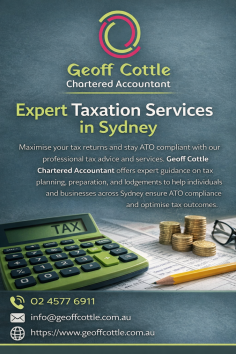 Geoff Cottle Chartered Accountant provides expert taxation services in Sydney, helping individuals and businesses maximise returns while staying fully compliant with ATO regulations. From tax planning and preparation to lodgements and strategic advice, we deliver accurate, reliable, and personalised solutions to optimise your tax outcomes with confidence.