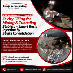 Strata Consolidation specialises in advanced cavity filling and resin injection solutions to restore structural integrity in mining, tunnelling and construction environments. Our expert team delivers fast, reliable and minimally invasive void filling to prevent ground movement, water ingress and long-term damage. Ensure safety and durability with proven cavity wall construction solutions.
