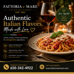 Looking for the best Italian restaurant in Burlingame? Experience authentic Italian cuisine at Fattoria e Mare, where fresh ingredients, handmade pasta, premium seafood, and traditional family recipes come together to create unforgettable meals. Whether you're planning a romantic dinner, family gathering, business lunch, or special celebration, our warm atmosphere and exceptional service make every visit memorable. Enjoy dine-in, takeout, and catering with a menu featuring classic Italian favorites paired with fine wines. Reserve your table today by calling 650-342-4922 or visit www.fattoriaemare.com to explore our menu and book your dining experience.