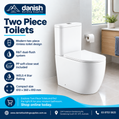 Upgrade your bathroom with stylish and practical Two Piece Toilets from Danish Building Supplies. The EC-B2376AB features a rimless design, R&T dual flush, PP soft-close seat, 180mm P-trap and bottom inlet. With a 4 Star WELS rating and WaterMark approval, it suits modern Australian bathroom projects.